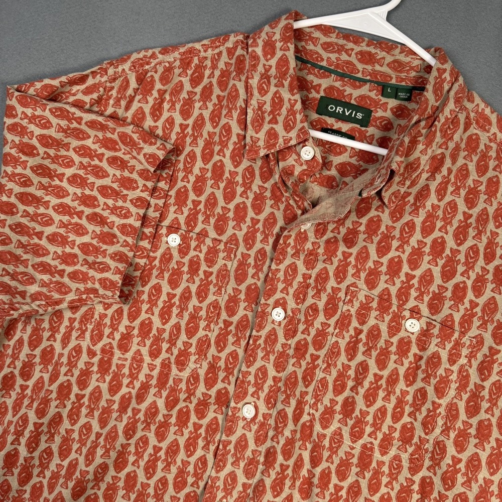 Orvis Shirt Mens Large Orange Fish Print Short Sleeve Hemp Blend Stretch Casual